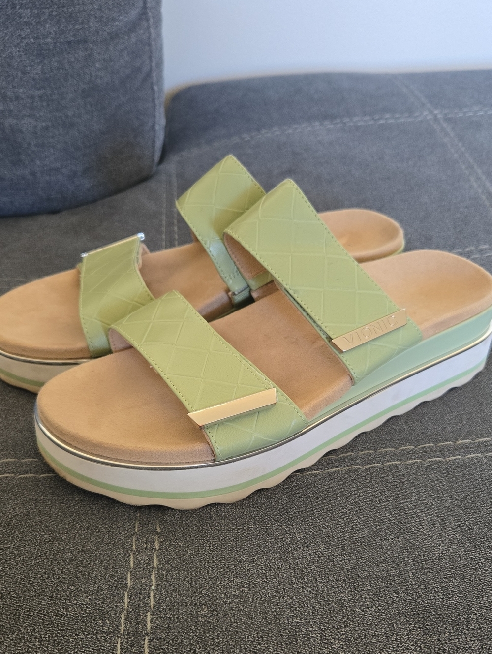 Vionic Mint Green Dual-Strap Platform Slides